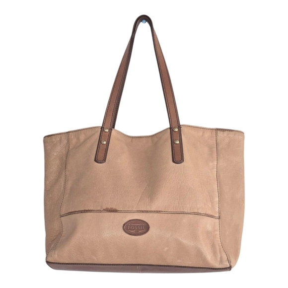 Fossil Zoey Leather Tote Shoulder HandBag Tan Brown Women Large Logo - Picture 1 of 15